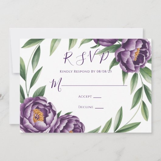 Elegante Paarse pioenen bruiloft RSVP Kaart (Voorkant)