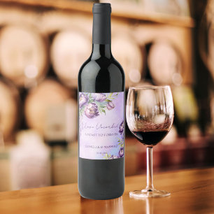 Elegante paarse pioenen lila wisteria bruiloft wijn etiket