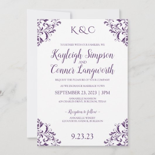 Elegante  Paarse (pruim) bruiloft uitnodigingen (Voorkant)
