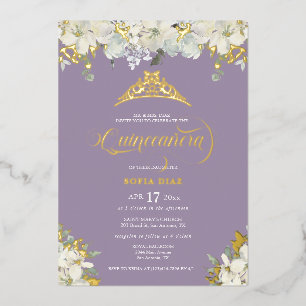 Elegante Paarse Quinceañera Bloem Goud Folie Uitnodiging