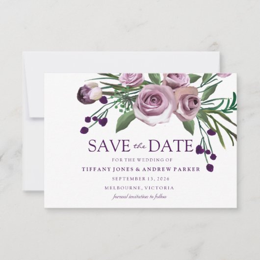 Elegante Paarse Roos Bloemachtige Trouwdag Save The Date (Voorkant)