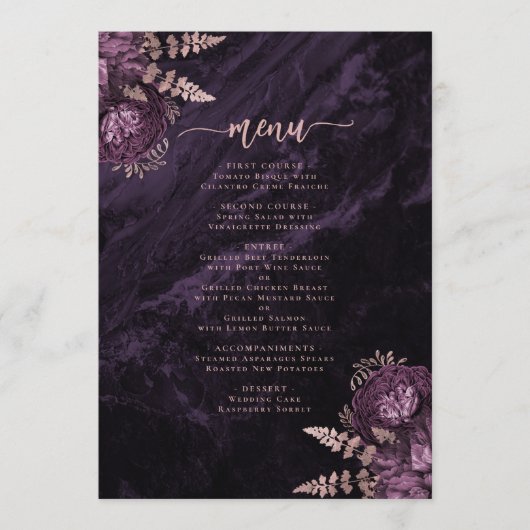 Elegante Paarse Roos gouden bloemenbruiloft Menu (Voorkant)