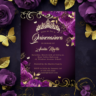 Elegante Paarse Roos Werveling Gouden Quinceanera Folie Uitnodiging
