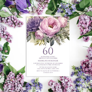 Elegante paarse roze bloemige 60e verjaardag kaart