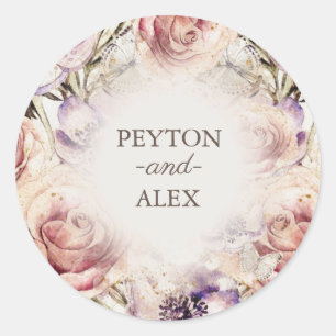 Elegante Paarse Roze Crème Bloem Vlinders Namen Ronde Sticker