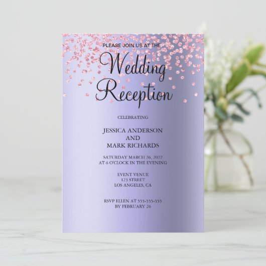 Elegante Paarse Roze Glitter Trouwreceptie Kaart (Staand voorkant)