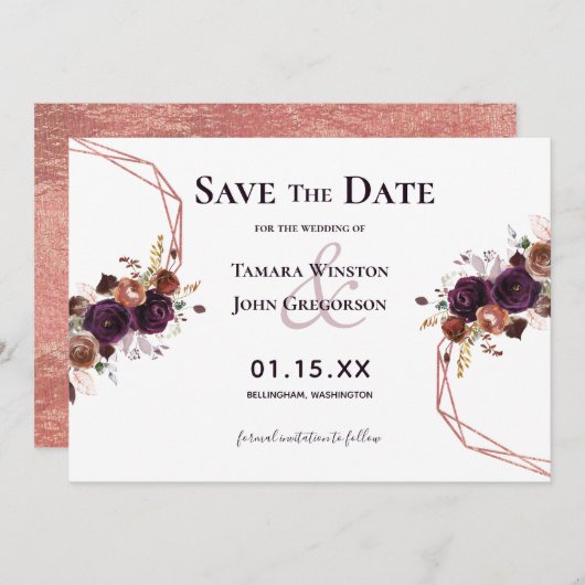 Elegante Paarse Roze Gouden Bloemige Geometrische Save The Date (Voorkant / Achterkant)