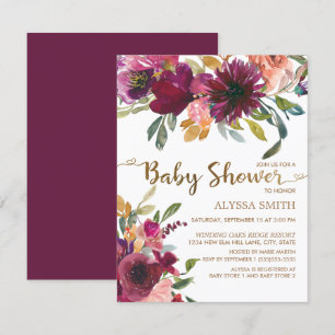 Elegante Paarse Roze Gouden Bloemrijke Script Baby Kaart