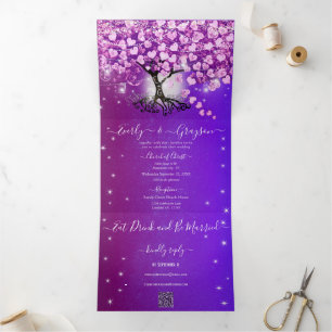 Elegante Paarse Roze Hartblad Boom Bruiloft Drieluik Uitnodiging