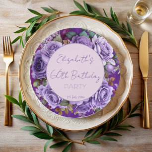 Elegante paarse rozen verjaardagsfeest monogrammed papieren bordje