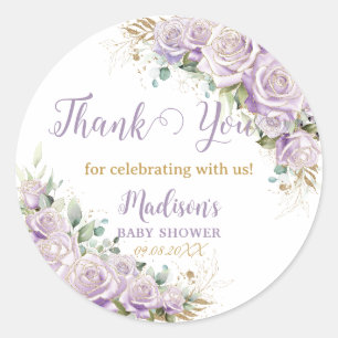 Elegante paarse seringen rozen bloemenkraamfeest ronde sticker