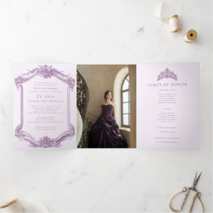 Elegante Paarse Spaanse Quinceañera 15e verjaardag Drieluik Uitnodiging