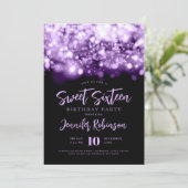 Elegante Paarse Sparkle Lights Foto Sweet 16 Kaart (Staand voorkant)