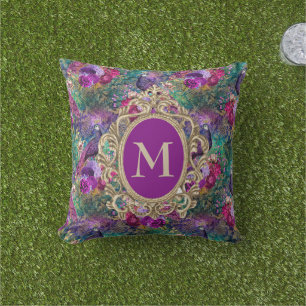 Elegante Paarse Turquoise Pauw Bloem Goud Monogram Buitenkussen