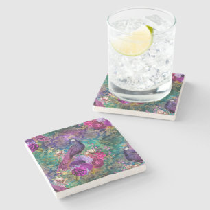 Elegante Paarse Turquoise Pauw Bloemmotief Stenen Onderzetter