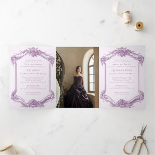 Elegante Paarse tweetalige Quinceañera 15e verjaar Drieluik Uitnodiging