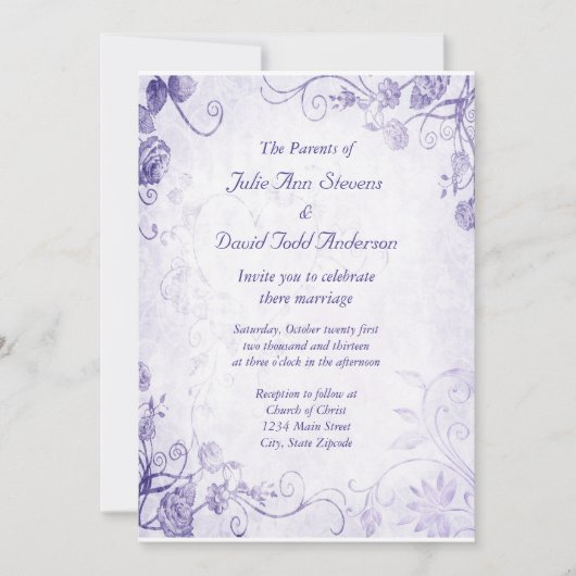 Elegante Paarse Vintage bruiloft uitnodiging (Voorkant)