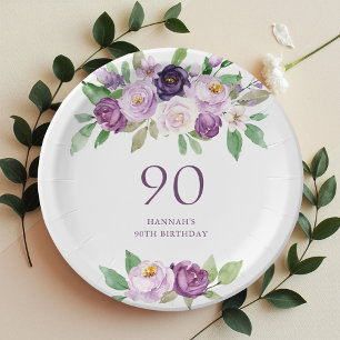 Elegante Paarse Violet Floral 90ste verjaardag Papieren Bordje