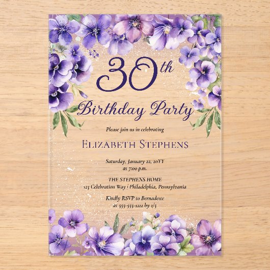 Elegante Paarse Violets Bloemen 30ste Verjaardagsf Acryl Uitnodigingen (Voorkant)