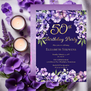 Elegante Paarse Violets Bloemen 50ste Verjaardagsf Folie Uitnodiging