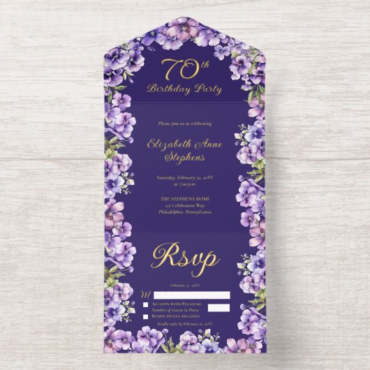 Elegante Paarse Violets Bloemen 70ste Verjaardagsf All In One Uitnodiging (Binnenkant)