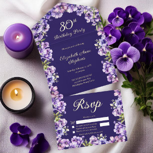 Elegante Paarse Violets Bloemen 80ste Verjaardagsf All In One Uitnodiging