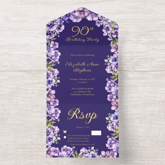 Elegante Paarse Violets Bloemen 90ste Verjaardagsf All In One Uitnodiging (Binnenkant)