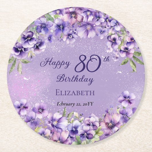 Elegante Paarse Violets Bloemen Gelukkige 80ste Ve Ronde Kartonnen Onderzetter (Voorkant)