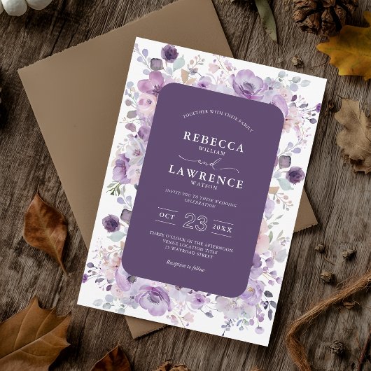 Elegante paarse violette bloemen trouwuitnodiging kaart