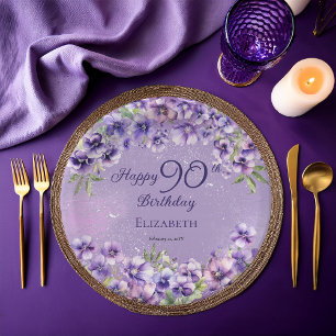 Elegante paarse viooltjes bloemige Gelukkige 90e v Papieren Bordje