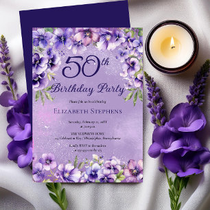Elegante paarse viooltjes bloemstuk 50ste verjaard kaart