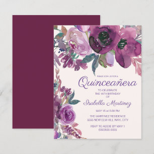 Elegante Paarse Waterverf Bloemstuk Quinceañera 15 Kaart