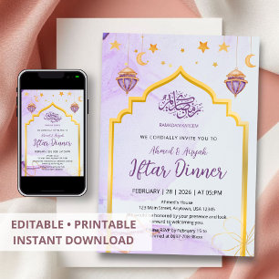 Elegante Paarse Waterverf Gouden Boog Iftar Feest Kaart