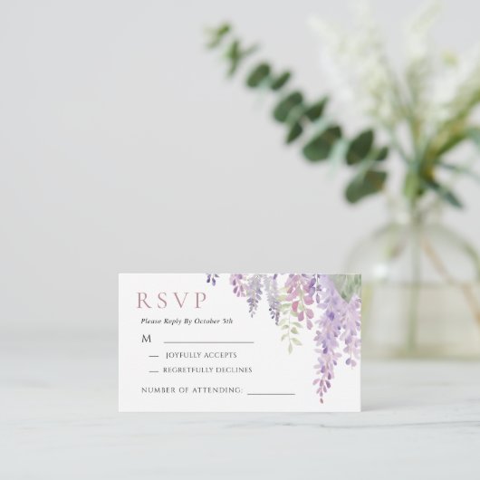 Elegante Paarse Wisteria Bloemen Bruiloft RSVP Kaa Informatiekaartje (Staand voorkant)