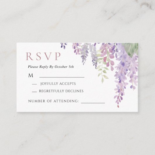 Elegante Paarse Wisteria Bloemen Bruiloft RSVP Kaa Informatiekaartje (Voorkant)