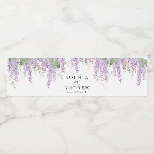 Elegante Paarse Wisteria Bloemen Bruiloft Waterfles Etiket (Enkel label)