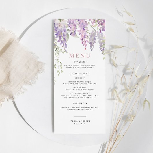 Elegante paarse Wisteria bloemen trouwmenu Menu