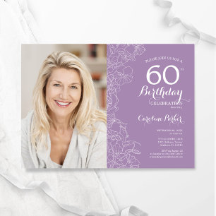 Elegante Paarse witte bloemfoto 60e verjaardag Kaart