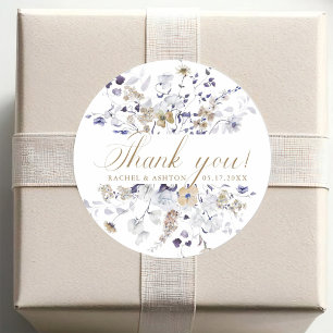 Elegante paarse witte gouden bloem bruiloft bedank ronde sticker