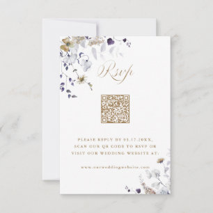 Elegante paarse witte gouden bloemige trouw-QR-cod RSVP Kaartje