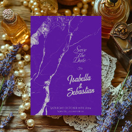 Elegante Paarse zilveren marmer Save the Date wied Kaart