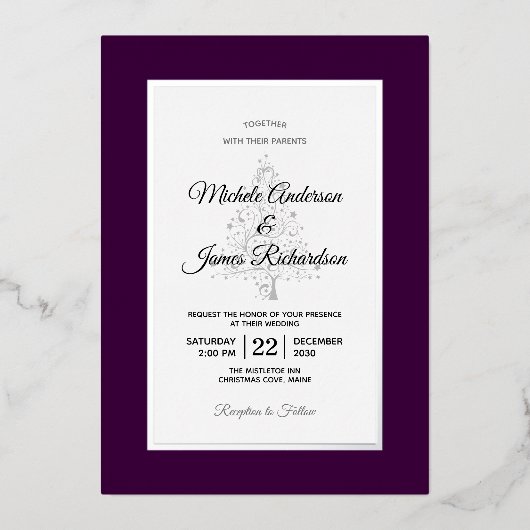 Elegante Paarse Zilveren Winter Vakantie Bruiloft Folie Uitnodiging (Voorkant)