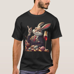Elegante paashaas met een glas wijn en choc t-shirt