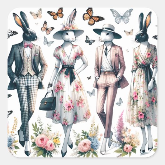 Elegante paashaas Springtime Mode Vierkante Sticker (Voorkant)