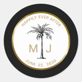 Elegante Palm Tree Gold Monogram Tropische bruilof Ronde Sticker