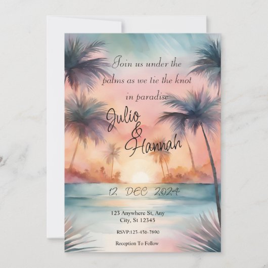Elegante Palm Tree Sunset Bruiloft uitnodiging (Voorkant)