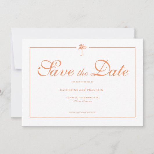 Elegante Palmboom Tropische Bruiloft Save The Date (Voorkant)