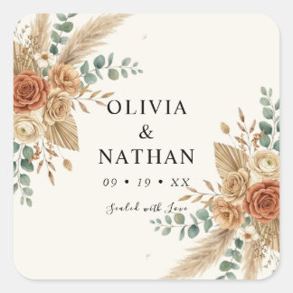 Elegante Pampas Boho Bloemige Trouw Vierkante Stic Sticker