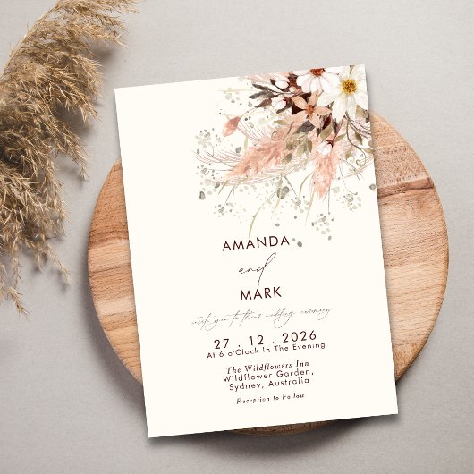 Elegante Pampas Grass Boho Wildflower Wedding Kaart