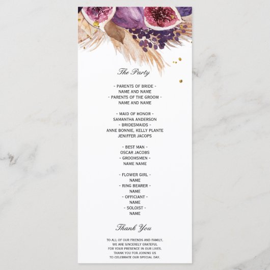 Elegante Pampas & Paarse Vijgen Trouwceremonie Menu (Achterkant)